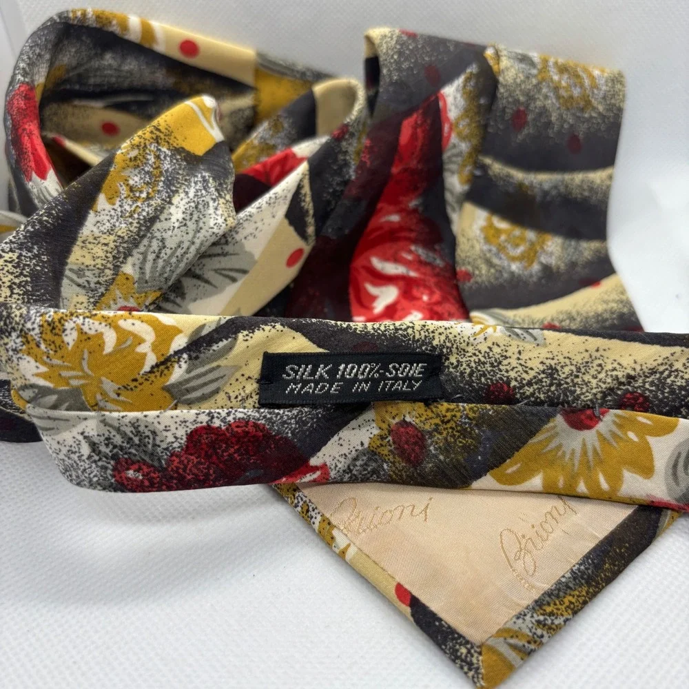 Brioni Silk Tie Mens Black Gold Red Abstract Floral Made Italy 80s Vintage
